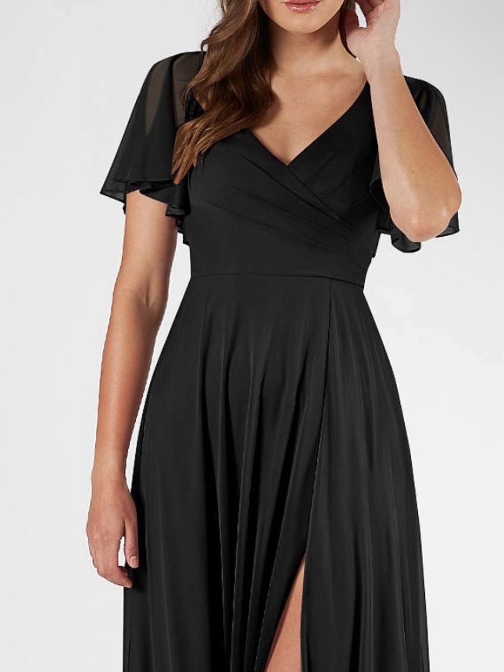 Azazie Induh - Black V-Neck Flutter Sleeve Maxi with Slit